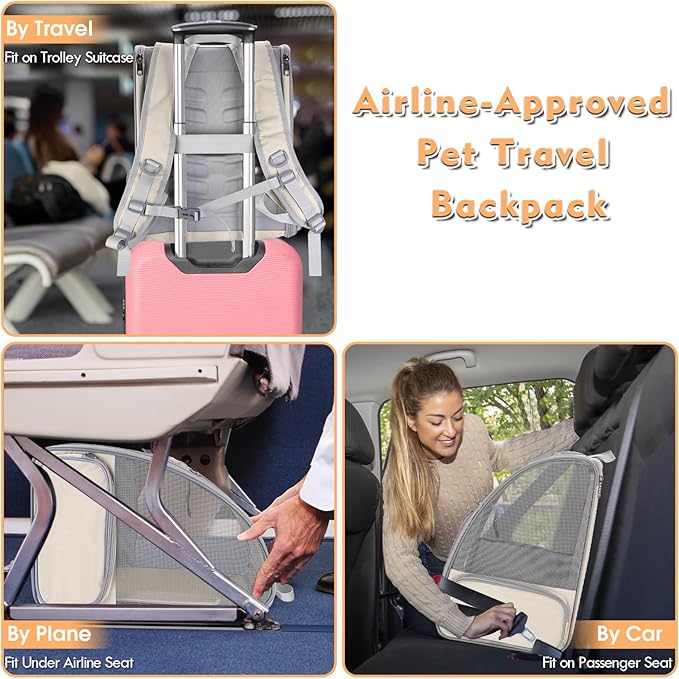 Cat Backpack Carrier, Large Pet Carrier Backpack with Kitten Wand Feather Toy for Medium Small Dog Cat Puppy Kitty Bunny up to 15lbs, Ventilated Mesh Kitten Bookbag for Travel Walking Outdoor (Beige)