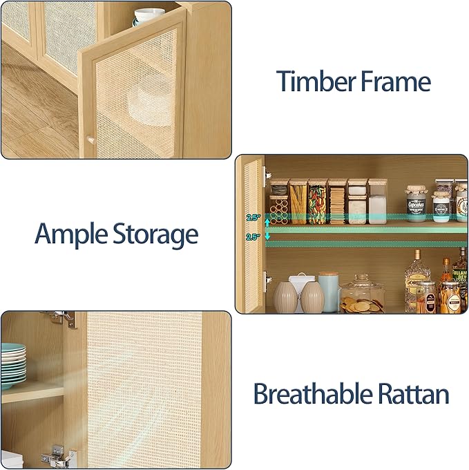 47" Rattan-Door Sideboard Cabinet with Shelf, 3-Door TV Stand Credenza Buffet with Generous Storage, Modern Accent Cabinet for Living Room & Kitchen, Natural Oak