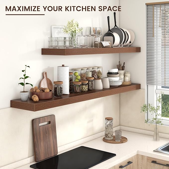 Floating Shelves for Wall, 55 Inch Wide x 12 Inch Deep Floating Shelves, Long Wood Floating Wall Shelf Shelves for Living Room Bathroom Bedroom Kitchen Home - (Walnut, 55" W x 12" D x 2" H)