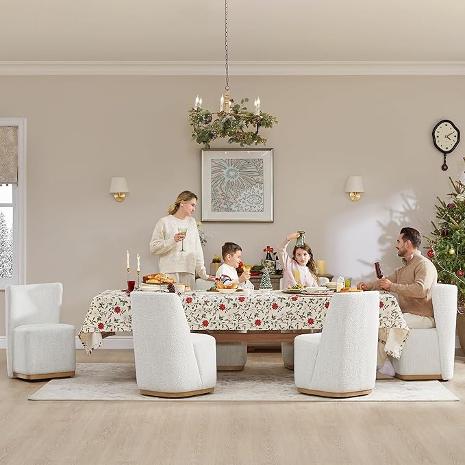 CHITA Upholstered Rolling Dining Chair on Casters Set of 2, FSC Certified Modern Fabric Dining Chair with Casters, Boucle Dining Chairs for Reading Room Kitchen Dining Room, Pearl