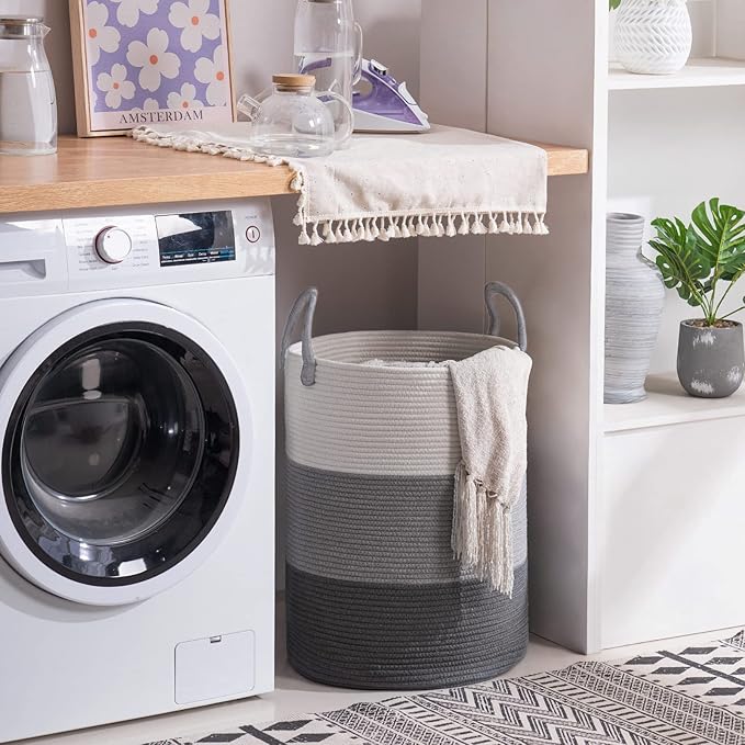 YOUDENOVA Woven Rope Laundry Hamper Basket, 58L Tall Luandry Basket, Baby Nursery Hamper for Blanket Storage, Clothes Hampers for Laundry in Bedroom