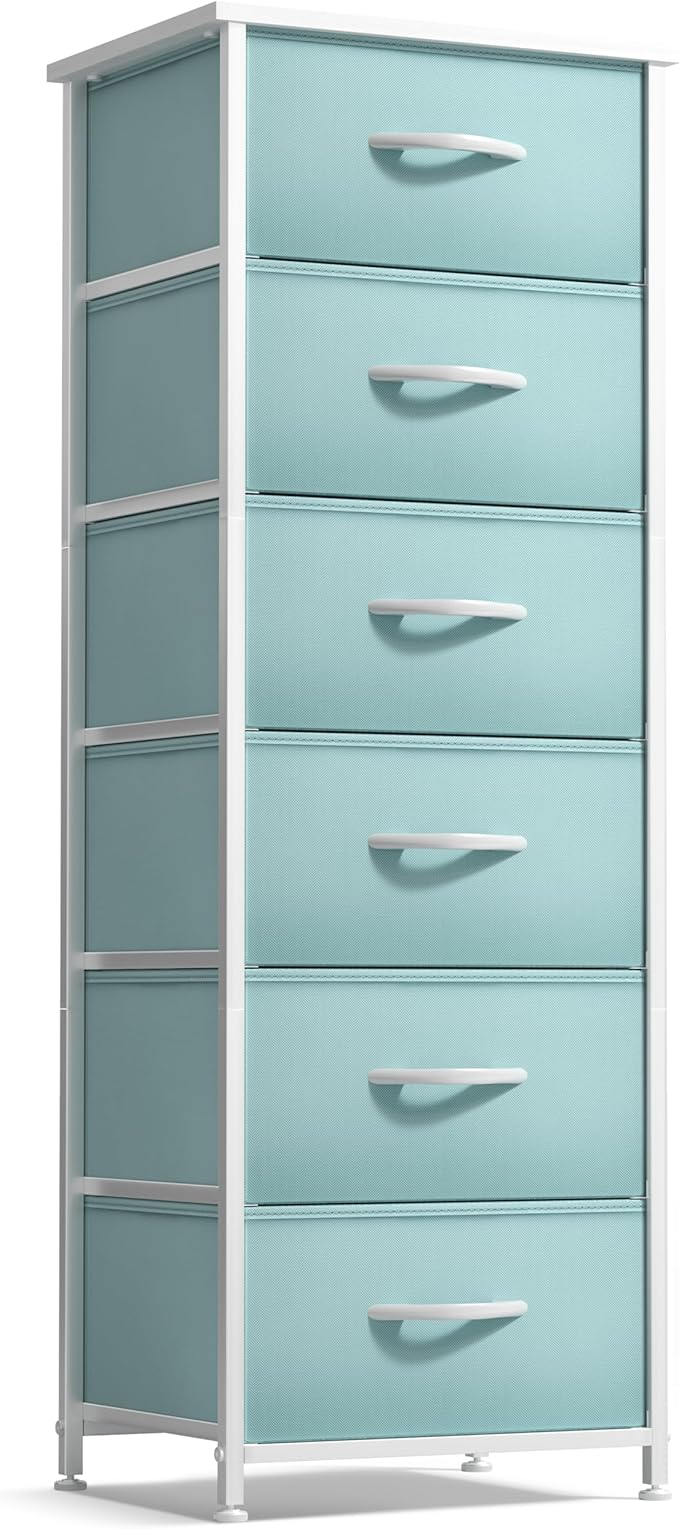 Sorbus Fabric Dresser for Kids Bedroom - Chest of 6 Drawers, Tall Storage Tower, Clothing Organizer, for Closet, for Playroom, for Nursery, Steel Frame, Fabric Bins - Wood Handle (Aqua)