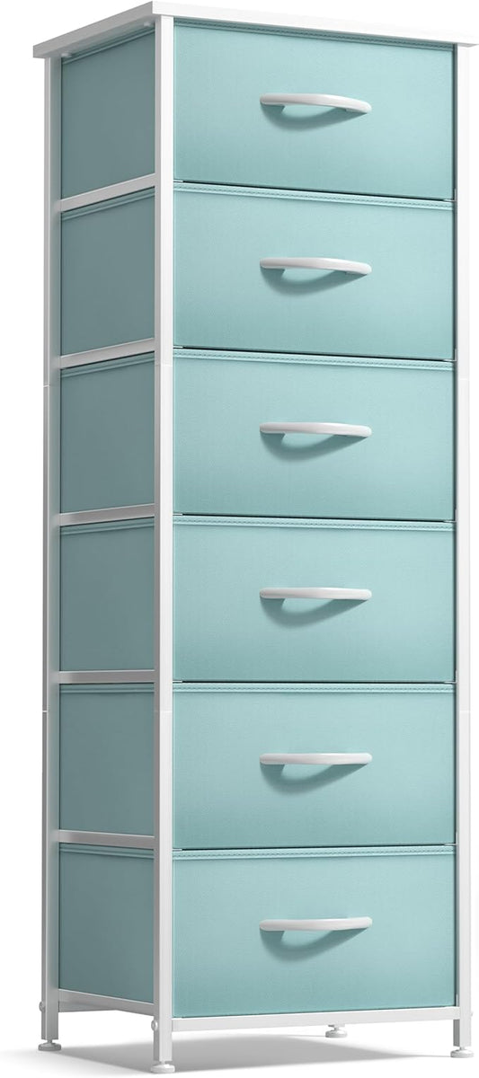 Sorbus Fabric Dresser for Kids Bedroom - Chest of 6 Drawers, Tall Storage Tower, Clothing Organizer, for Closet, for Playroom, for Nursery, Steel Frame, Fabric Bins - Wood Handle (Aqua)