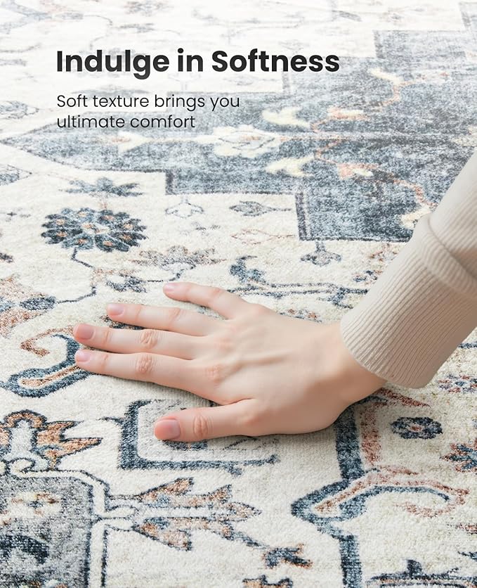 AMADA HOMEFURNISHING 8x10 Washable Area Rug, Low-Profile Large Area Rug with Non-Slip Backing & Durable Edge Binding, Vintage Large Rugs for Living Room, Bedroom, Dinning Room