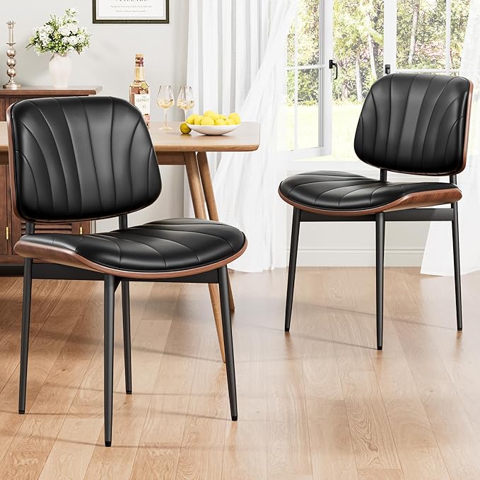 Dining Chairs Set of 4, Mid-Century Modern Upholstered PU Leather Chairs with Walnut Bentwood Back and Metal Legs Adjustable Feet for Kitchen Dining Room, Black Shell Strips