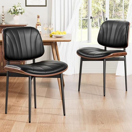 Dining Chairs Set of 2, Mid-Century Modern Upholstered PU Leather Chairs with Walnut Bentwood Back and Metal Legs Adjustable Feet for Kitchen, Black Shell Strips