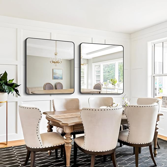 FORBATH Bathroom Mirror 36" x 36"，Large Square Wall Mirror with Black Aluminum Frame Rounded Corner, Wall Mounted Mirror for Bathroom Bedroom Entryway Living Room