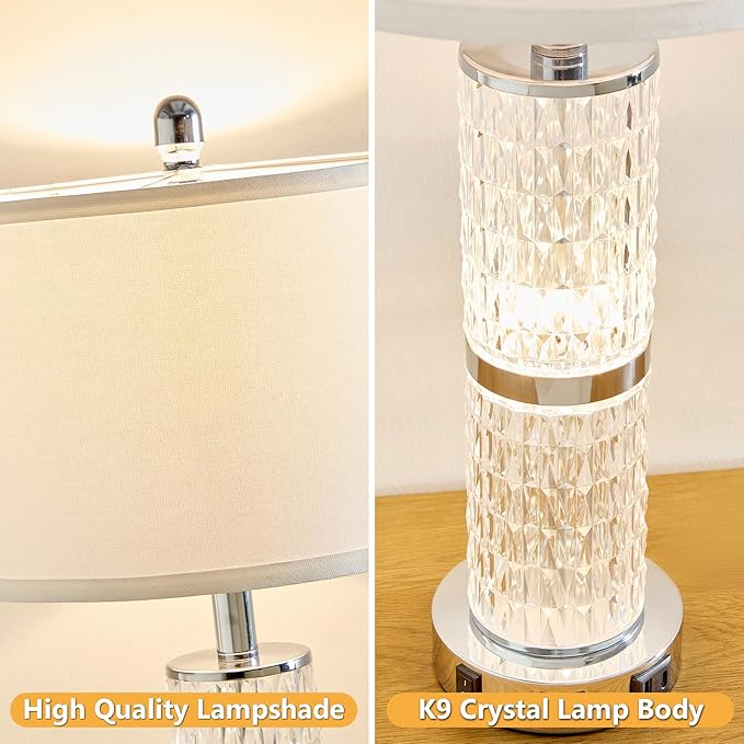 Crystal Table Lamps Modern 3-Way Dimmable Bedside Lamp with 2 USB Ports & AC Outlets for Living Room Bedroom Nightstand Lamp Night Light