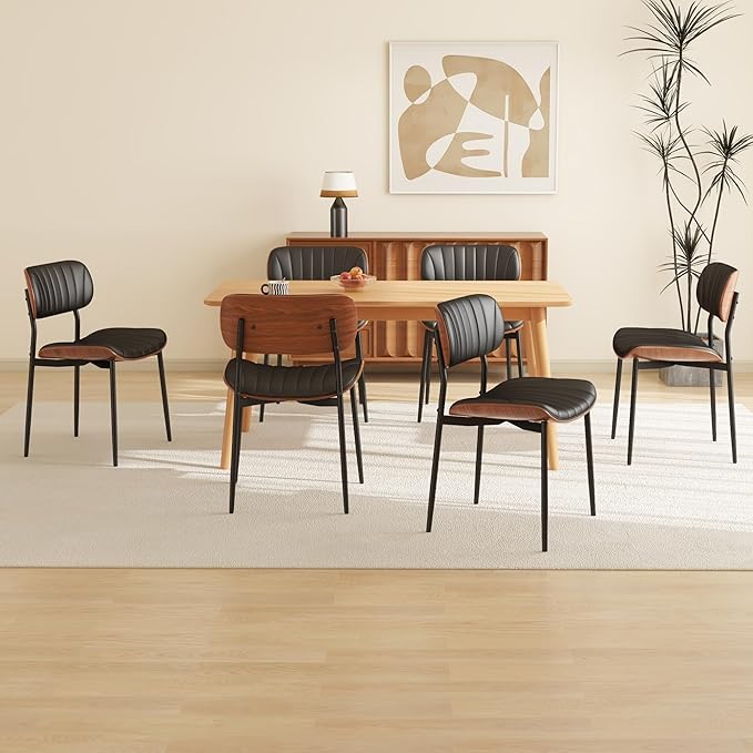 Modern PU Leather Dining Room Chairs Set of 4, Upholstered Kitchen Chairs with Walnut Bentwood Back and Metal Legs Adjustable Feet for Kitchen Dining Room(Balck)