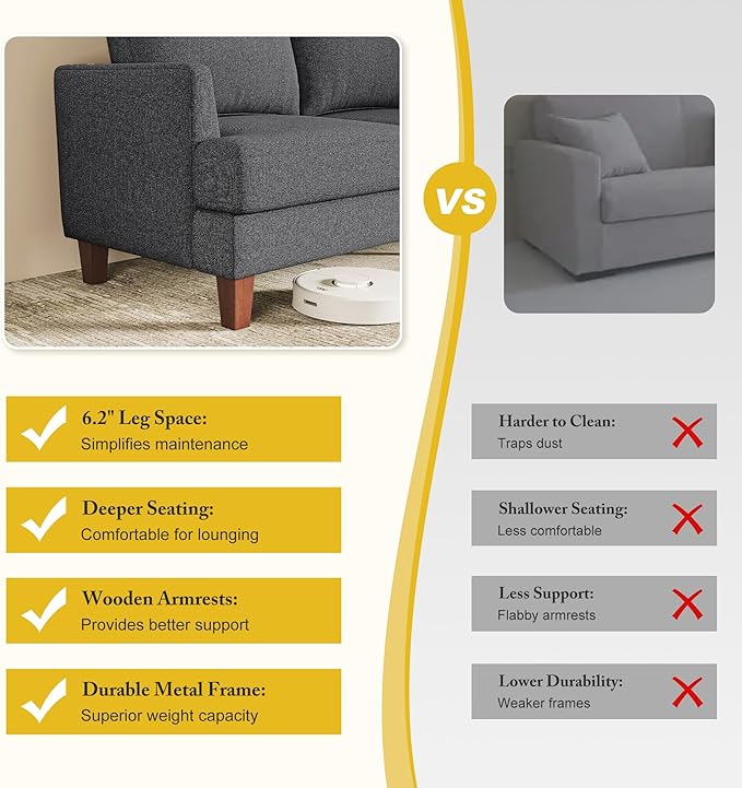 3 Seater Sofa Couch with Deep Seats, 89" Mid Century Modern Upholstered Sofa with Armrests, Comfy Couches for Living Room, Bedroom, Apartment and Office (Dark Grey)