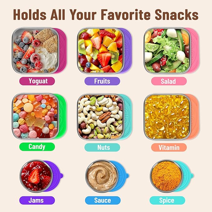 12 Pack Stainless Steel Snack Containers for Kids, 6oz & 1.6oz Leakproof Snack Salad Dressing Containers with Easy-Open Silicone Lids, Reusable Lunch Box Containers for Office & Travel