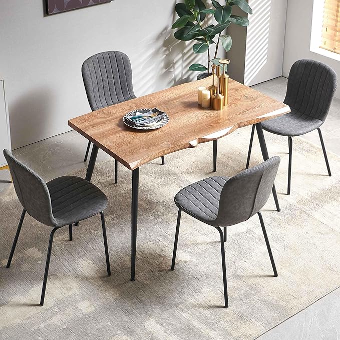 5 Pieces Dining Table Set-Home Kitchen Dining Room Table Set, Solid MDF Dining Table with Irregular Tabletop, 4 PCS Vintage PU Dining Chairs Dark Grey Accent Chairs