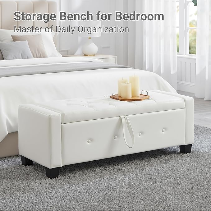 48" Faux Leather Ottoman with Storage, Tufted Storage Ottoman Bench with Safety Hinge, Rectangular Extra Long Bench for Bedroom, Living Room, Entryway and Window, White
