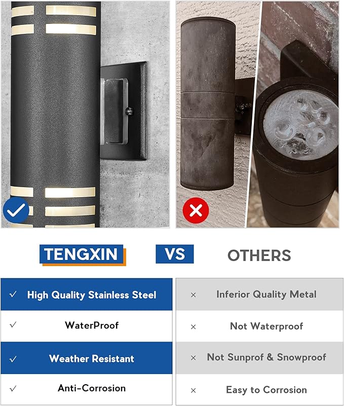 TENGXIN Outdoor Wall Light,Up and Down Cylinder Patio Porch Light,Stainless Steel 304 and Toughened Glass,Black Finished,IP 65 Waterproof