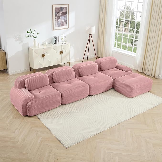 152" Modern Corduroy Cloud Sofa with Ottoman, L Shaped Boneless Modular Large Sectional Couches for Living Room, Pink 4 Seater Compressed Memory Foam Couch, Extra Deep Seat, No Assembly