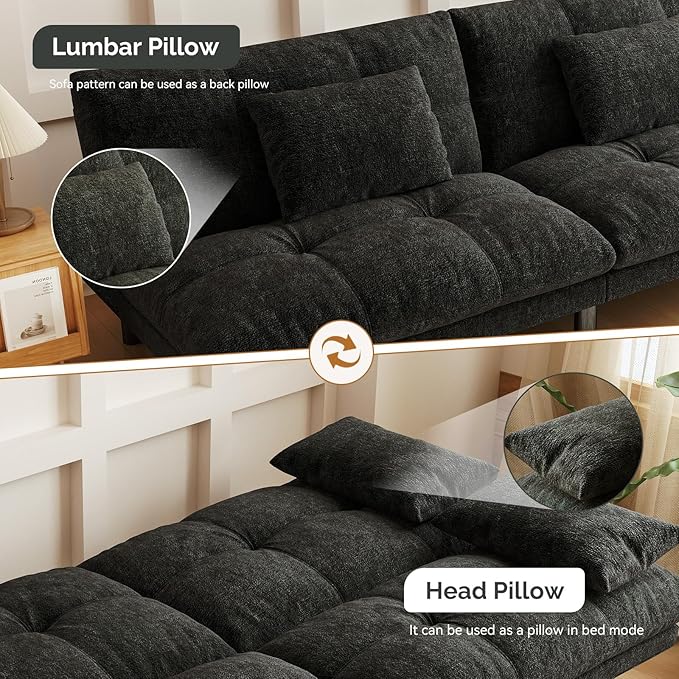 Futon Sofa Bed Convertible 70 inch Solid Wood Couch for Living Room, Chenille Fabric, 2 Cushions (Black)