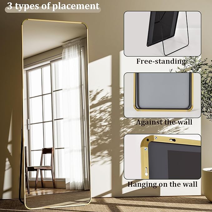 VooBang Round Corner Mirror Full Length, 66" x 23" Floor Mirror with Stand, Matte Aluminum Alloy Frame Full Body Mirror, Standing Hanging or Leaning for Bedroom and Living Room, Gold