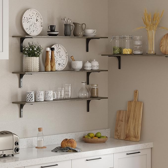 DINZI LVJ Long Wall Shelves, 55.1Inch Wall Mounted Shelves Set of 2, Extra Large Floating Storage Ledges with Sturdy Metal Brackets for Living Room, Bathroom, Bedroom, Kitchen, Gray Wash