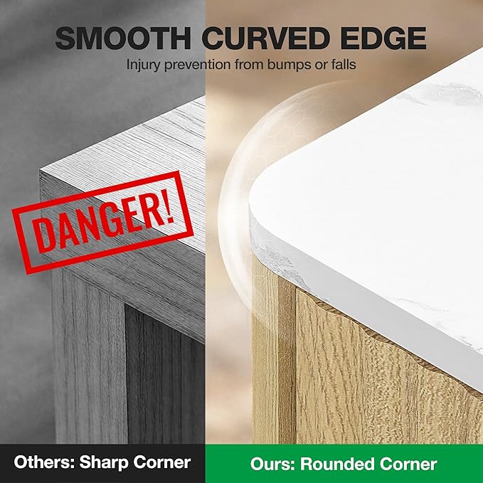 47" Wide Storage Cabinet, Fluted Chest of Drawers with Curved Edges, Wooden Buffet Cabinet with 6 Drawers, Modern Credenza with Faux Marble Top for Living Room, Hallway, Natural