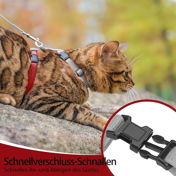 PUPTECK Adjustable Cat Harness and Leash Set Escape Proof Kitten Strap Collar for Walking Travel, Grey/Red Mixed