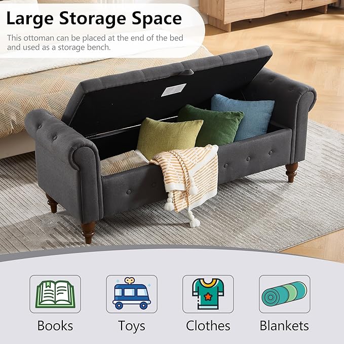 GNIXUU 63" End of Bed Storage Bench for Bedroom, Upholstered Ottoman Seat with Storage for Living Room, Window, Entryway, Grey Velvet