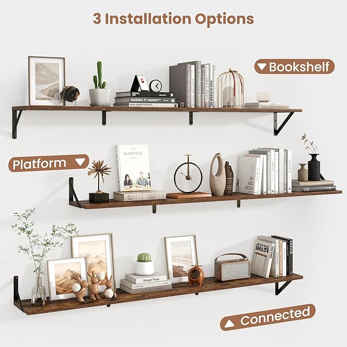 Axeman Floating Shelves for Wall 55 Inch | 55W x 8D Rustic Wood Floating Shelves Set of 2 | 8" Deep Wall Shelves for Bathroom Kitchen Living Room | Bookshelf Display Shelves - Rustic Brown