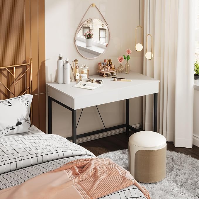 Mexin Small White Desk with 2 Wooden Drawers, 40 Inch Home Office Writing Desk, White Vanity Desk with Storage, Computer Desk for Bedroom Small Spaces, Table for Office, Work, Kids Study, Makeup