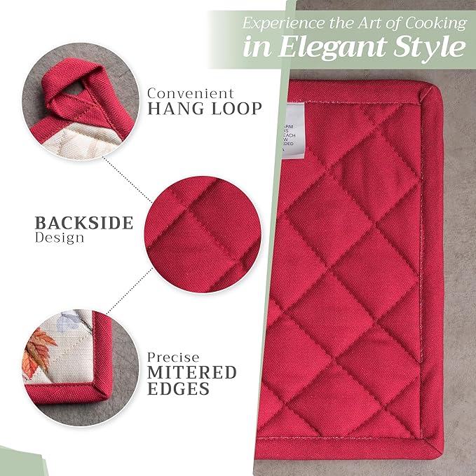 Maison d' Hermine Pot Holders Set 100% Cotton Heat Resistant Potholders 8" x 8" Hot Pads with Loop for Thanksgiving Christmas Decorations BBQ Baking Handling Hot Pans (Pack of 2, Equinoxe - Beige)