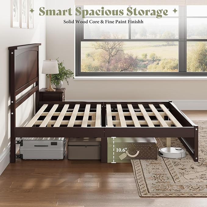 AMERLIFE King Size Solid Wood Bed Frame with 50" Tall Headboard, Mid-Century Modern Bed with Storage, Wooden Platform Bed with 2 Drawers, No Box Spring Needed, Espresso