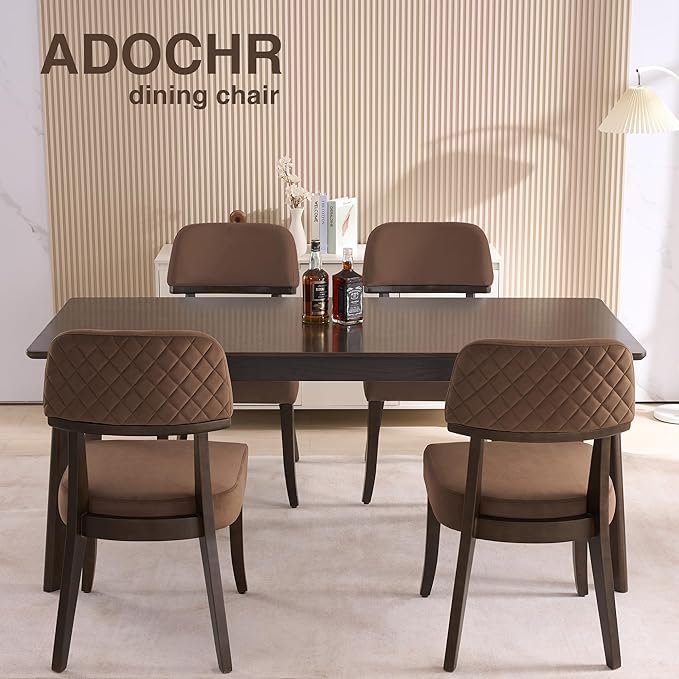 Modern Wood Dining Chairs Set of 2, Velvet Upholstered Kitchen Chairs with Open Curved Backrest & Black Hardwood Legs for Vanity, Living Room, 350 LBS Capacity, Brown