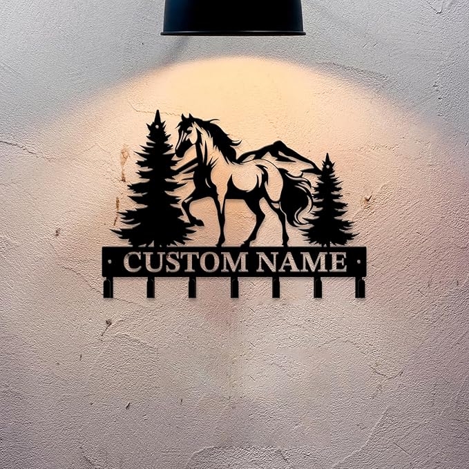 Personalized Custom Name Farm Horse Wall Key Hooks,Metal Horse Art Clothes Hooks,Metal Horse Wall Home Storage Decorative,For Front Door, Hallway, Kitchen, Bedroom,Keys,Hats (Style K)