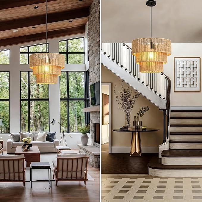 12''Natural rattan chandelier -Small Farmhouse Boho Style with E27 Bulb, 120V pendant light, fandelier, hanging lamp, wicker pendant lamps for Dining Room/Kitchen/Bedroom/Living Room/Island