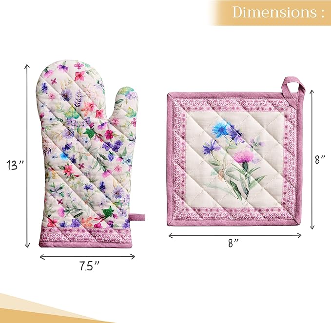 Maison d' Hermine 100% Cotton Oven Mitt & Pot Holder Set (7.5"x13" & 8"x8") Heat Resistant BBQ Cooking Gloves with Loop, Baking, Grilling, Kitchen, Handling Hot Pans Spring/Summer (Chardon)