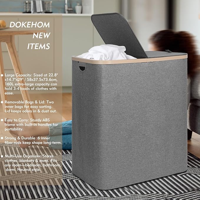 DOKEHOM 160L Double Laundry Basket with Removable Lid and Laundry Bags, Large Collapsible Laundry Hamper with 2 Sections (Grey)