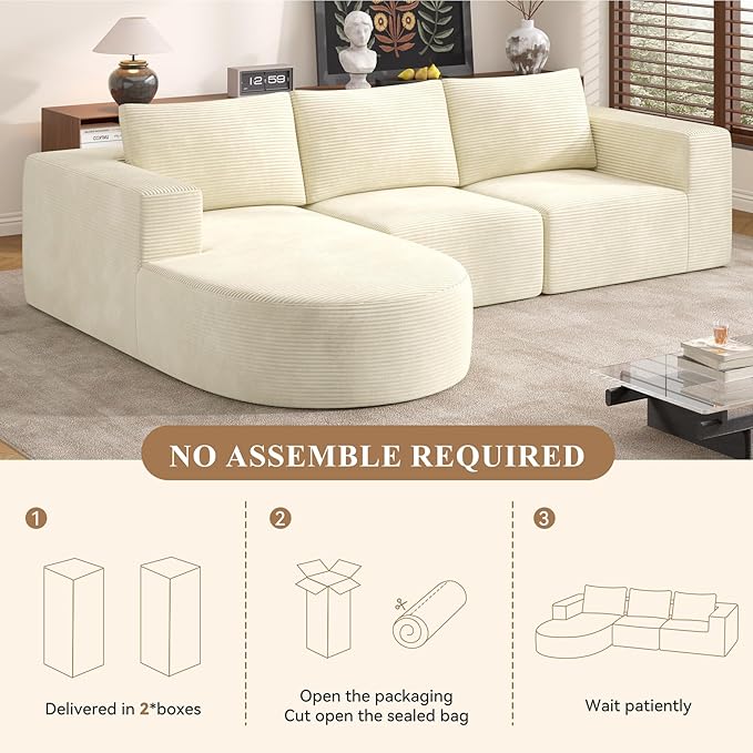 Modular Sectional Sofa with L-Shape Chaise,Cloud Sectional Modern Sleeper Couch with Deep Seat,Sponge Compression Sofas No Assembly Required (Beige-Corduroy Fabric)