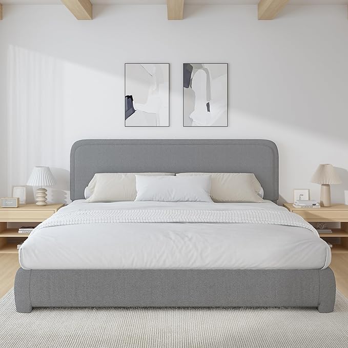 BarnFurin King Size Boucle Bed Frame and Headboard, Cloud Upholstered Platform Bed Frame, Modern Style, Soft Rounded Corners, No Box Spring Required, Easy Assembly, Light Grey
