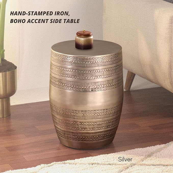 Modern Round Aluminum Hammered Embossed Texturing Metal End Table, Hand-Stamped Iron, Boho Accent Side Table, Drum Shaped, for The Living Room and Bedroom, Silver