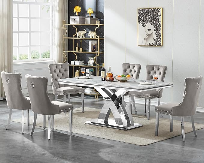 Modern White Marble Dining Table Set for 6,7-Piece Kitchen Table and Chairs for 6,Luxury Silver Dining Room Table Set w/68" Rectangle Dinner Table & 6 Grey Velvet Chairs for Kitchen Dining Room