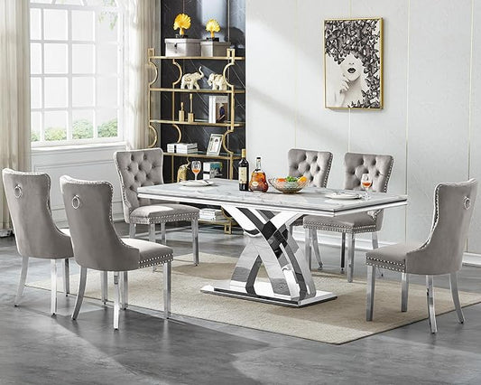 Modern White Marble Dining Table Set for 6,7-Piece Kitchen Table and Chairs for 6,Luxury Silver Dining Room Table Set w/68" Rectangle Dinner Table & 6 Grey Velvet Chairs for Kitchen Dining Room