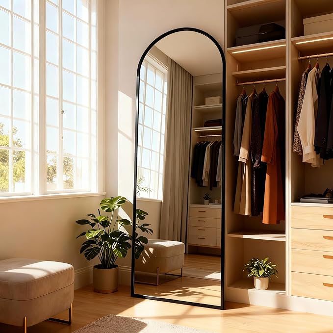 Arched Full Length Mirror,65" L x 24" W Floor Mirror, Aluminum Alloy Frame, Shatterproof Glass - Free Standing, Leaning or Wall Mounted for Bedroom, Living Room, Entryway, Modern Home (Black)