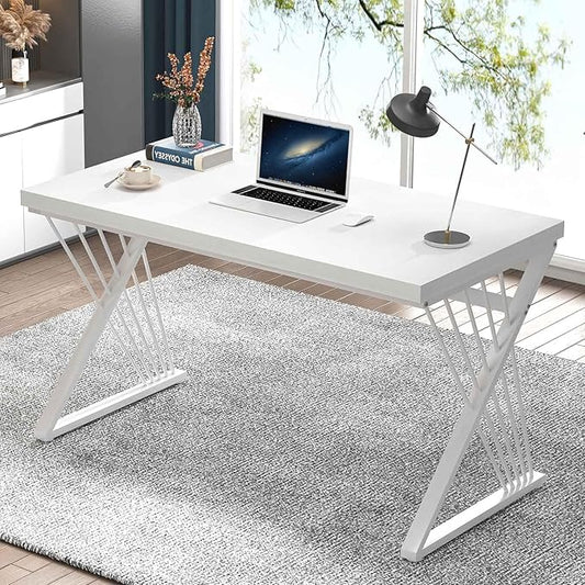 FOLUBAN White Desk, Modern Wood and Metal Computer Desk for Home Office, Simple Writing Work PC Desks for Bedroom, Industrial Study Gaming Table for Living Room, White, 47 Inch