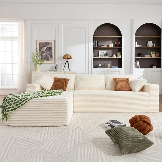 108" Boneless Couches for Living Room, Modular Sectional Sofa with Oversized Chaise, L-Shape Cloud Couch with Deep Seat, High-Density Memory Foam, No Assembly Required, Plush Corduroy Beige