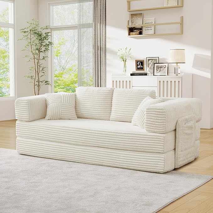 Antetek Convertible Sofa Bed, Comfy Corduroy Fluffy Love seat Sleeper Sofa, 5 in 1 Folding Couch Bed, Fold Out Floor Couch with Pillows for Bedroom, Living Room, Office, Wide Stripes, Beige