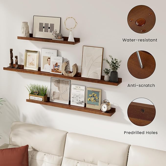 Solid Ash Wood Floating Shelves, Wood Picture Ledge Shelf Set of 2, 48 Inch Long Large Photo Ledge Shelves, Nursery Book Shelves Wall Mounted for Living Room Kids' Bedroom Decor, Color Walnut