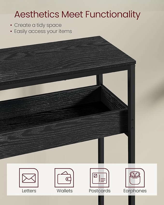 VASAGLE 2-Tier Entryway Table, Narrow Console Table, Semi-Open Compartments, 9.4 x 39.4 x 31.5 Inches, for Hallway, Living Room, Ebony Black and Ink Black ULNT091B01