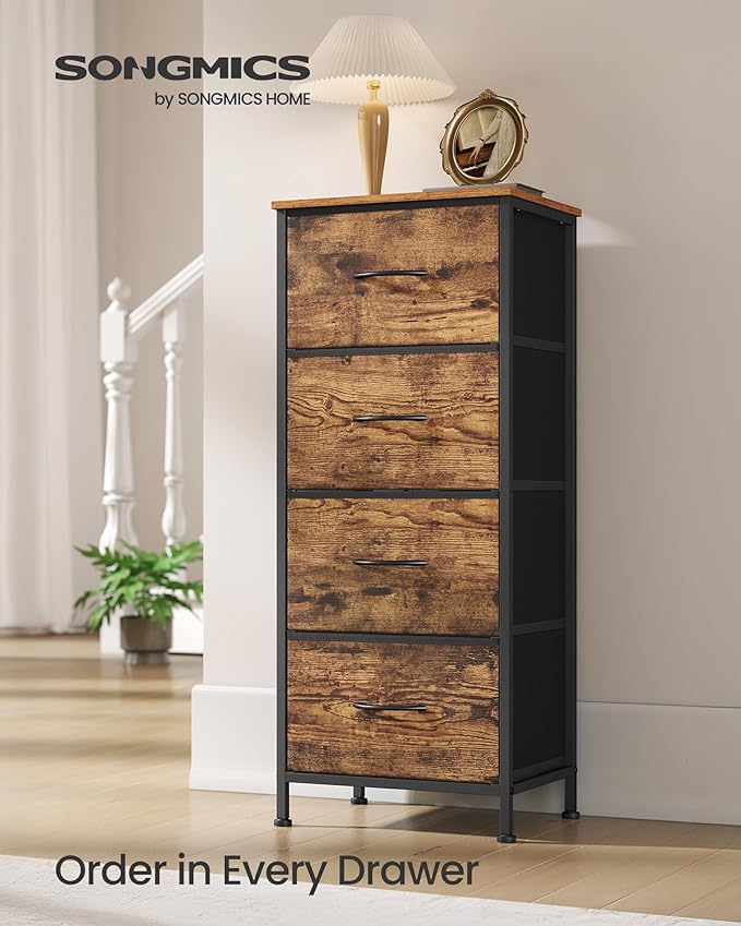 SONGMICS Dresser for Bedroom, Chest of Drawers, Steel, MDF, 4 Non-Woven Fabric Drawers, Storage Organizer Unit, Closet, Entryway, Rustic Brown and Ink Black LGS314B02S