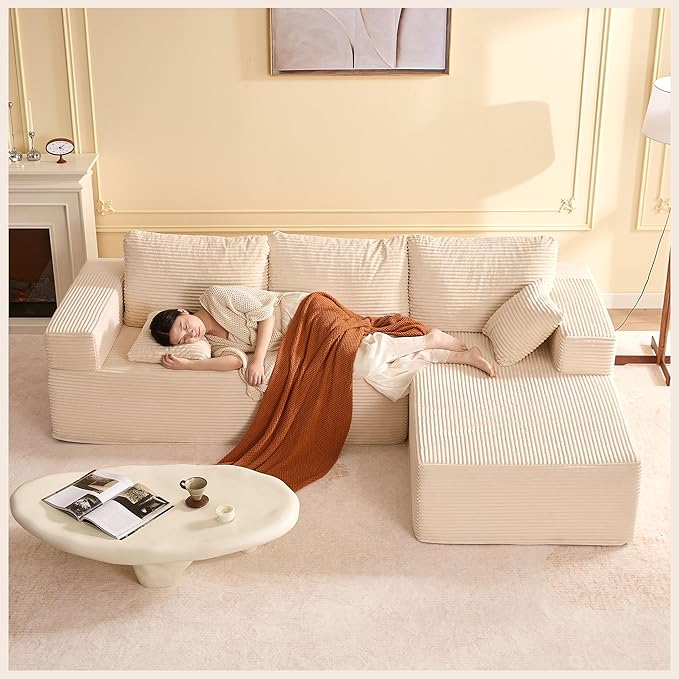107" Boneless Couch with Deep Seat, Modular Sectional Sofa, Cloud Sectional Couch for Living Room, No Assembly Required, Corduroy, L-Shape Right?White