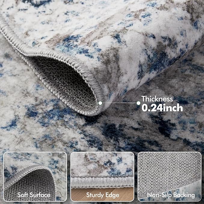 6ft Round Area Rug for Living Room- 6x6 Washable Neutral Abstract Rug for Bedroom Modern Soft Dining Room Rug No Slip Low Pile Carpet for Nursery Home Office Decor - Grey/Blue