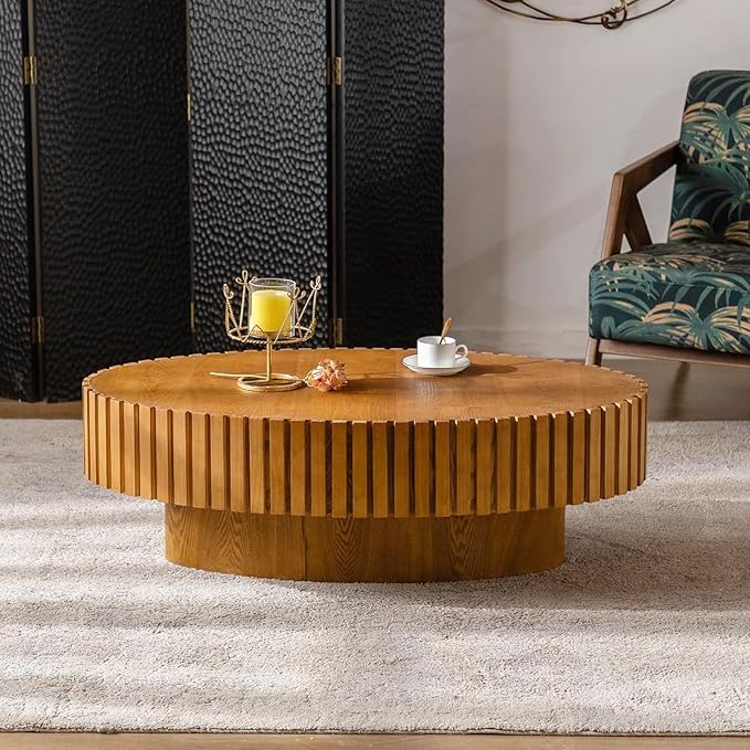Oval Drum Coffee Table 43.3" Wooden Coffee Tables Handcrafted Fluted Drum Coffee Table Mid Century Modern Luxury Center Table Vintage Farmhouse Center Table for Living Room (Oval Wood)