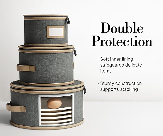 Hard Shell China Storage Containers – 5 Piece Set for Storing Dinner Plates, Salad Plates, Mugs, Quilted Dividers for Safe Moving and Seasonal Storage, Grey with Brown Edging